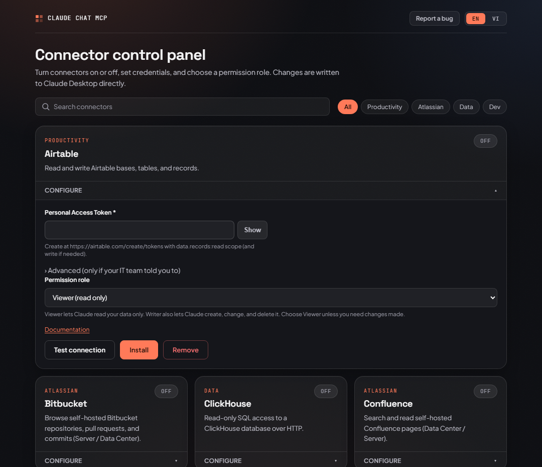 Configuring a connector: server address, access token, and permission role